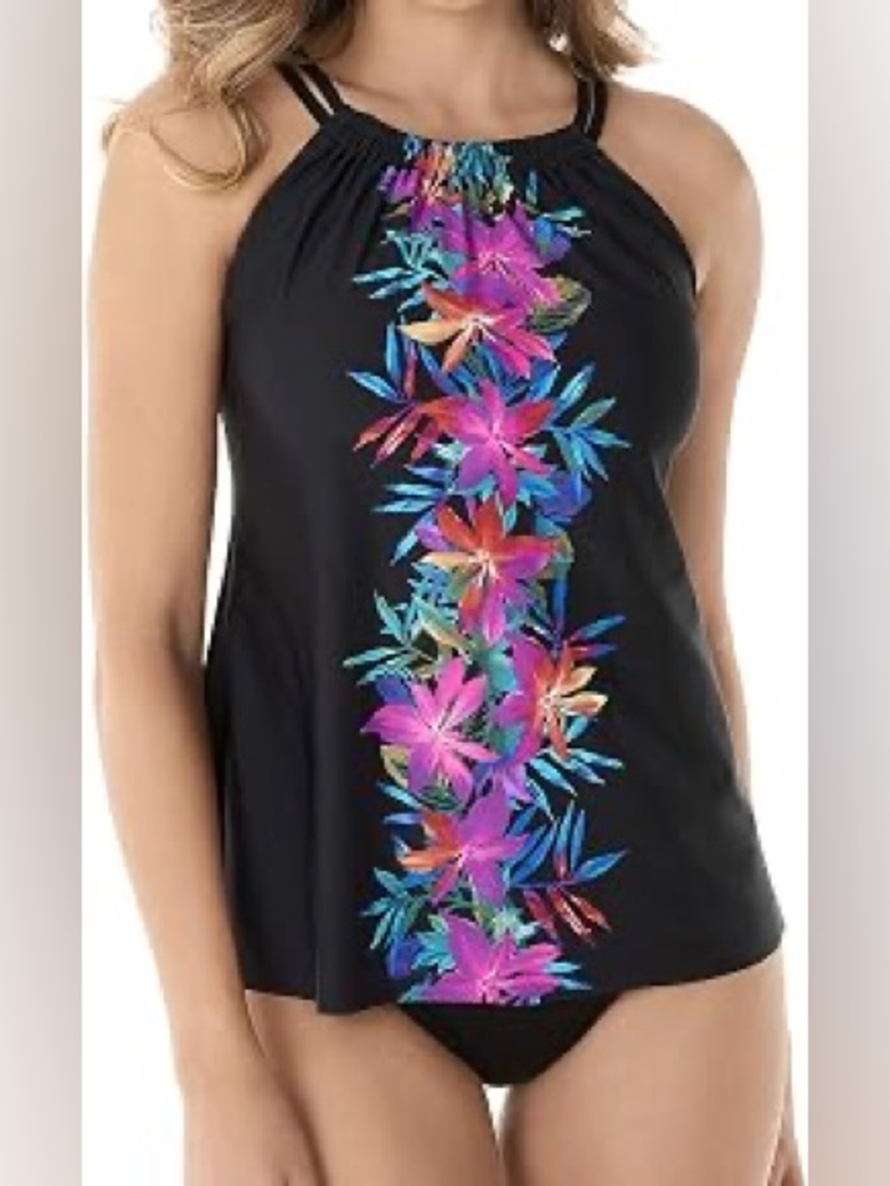NWT Miraclesuit Black Tank Swimsuit Top with Colorful Tropical Flowers, Size 10